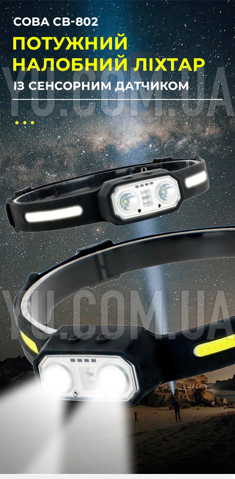 Мощный налобный фонарь с сенсорным датчиком Coba CB-802 с зарядкой от Type-C